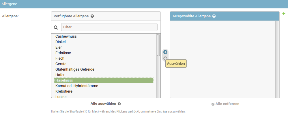 Auswahlfeld Allergene bei Essenteilnehmerin