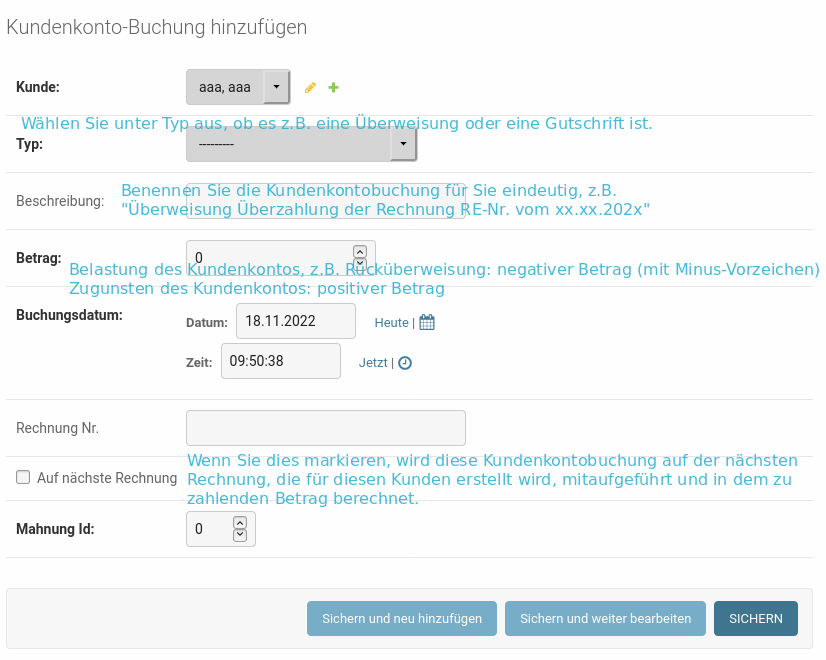 Screenshot zum Hinzufuegen einer Kundenkontobuchung