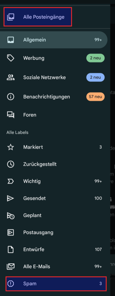 gmail Konten Alle Posteingaenge oder Spam Ordner