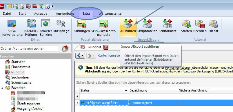 S-Firm -Auswahl Reiter Extra, Auswahl Ausführen bei Import/Export