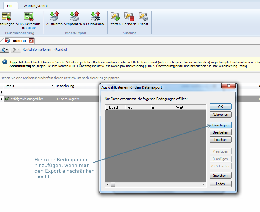 Bedingungen fuer Export hinzufuegen